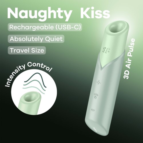A small, white, portable device with control buttons, labeled 'Naughty Kiss', claims to be quiet and rechargeable, with adjustable air pulses.