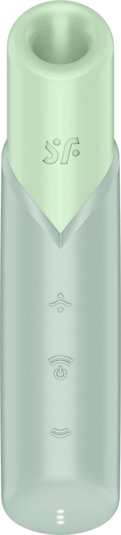 A sleek, light green vape device with icons for power, temperature, and battery displayed.