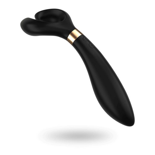 Ein schwarzes, gebogenes Gerät mit Tasten, für persönliche Pflege oder Massage, mit einem Goldring in der Nähe der Oberseite.