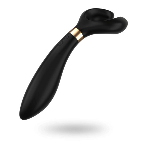 Ein schwarzer, gebogener persönlicher Massager mit Goldband und Bedientasten am Griff.