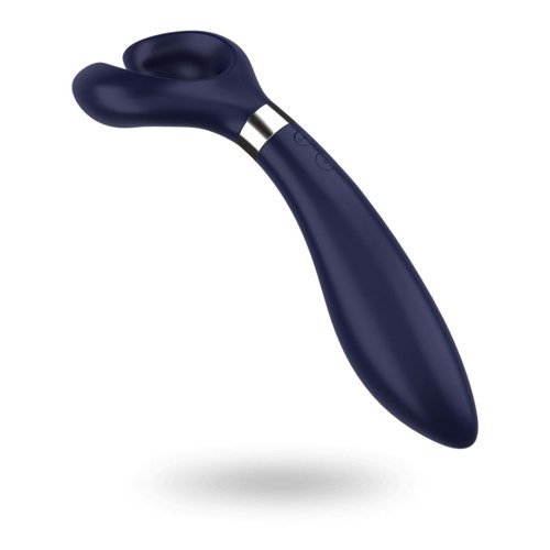 Ein dunkelblauer personaler Massager mit gebogener Form und Metallring in der Nähe der Oberseite.