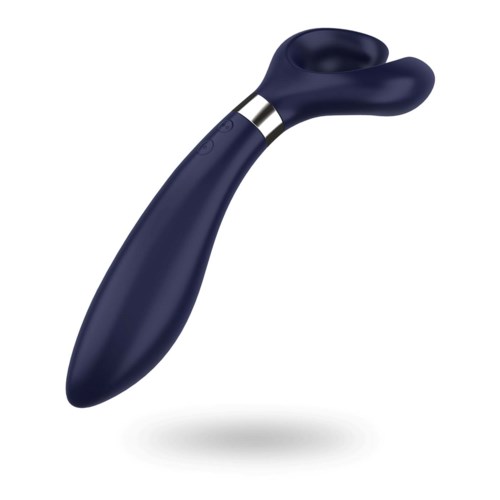 Ein blauer, gebogener Gegenstand mit Griff und zwei runden Öffnungen, möglicherweise ein persönlicher Masseur oder Vibrator.