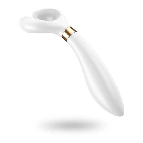 En elegant, vit, böjd apparat med ett gyllene band vid nacken, som liknar ett modernt ansikts- eller hudvårdsverktyg.