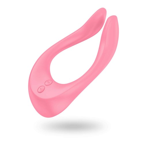 Ein rosa U-förmiger Vibrator mit zwei Bedientasten an einem Ende.