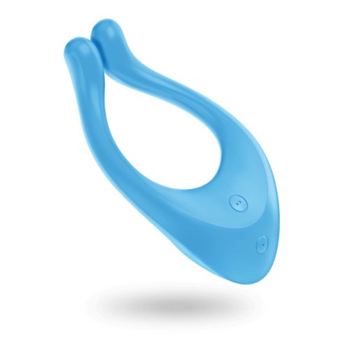 Ein blauer tragbarer Gegenstand mit einer Schlaufe und zwei Vorsprüngen, wahrscheinlich ein Vibrator oder Erwachsenen-Spielzeug.