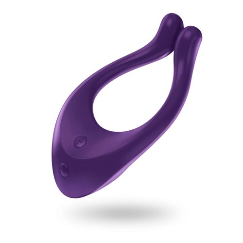 En lila, kurvad, bärbar enhet med två rundade ändar, ser ut som en massageapparat eller vibrator.