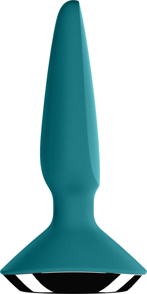 Ein tealfarbendes Kunststoffstück, das wie eine Rakete mit großem Flügel unten aussieht.