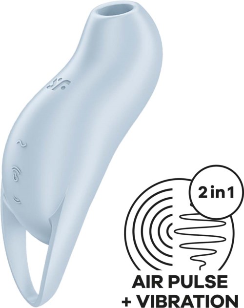 A white device with buttons, labeled as 2-in-1 air pulse and vibration, shaped like a curved tube.