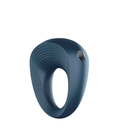 Ein dunkleblauer, moderner Ring mit strukturierter Innenseite und kleinem Loch oben.