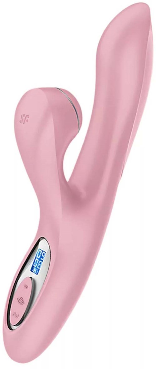 En rosa vibrator i medicinsk stil med kurvdesign, liten kontrollpanel och digital display.