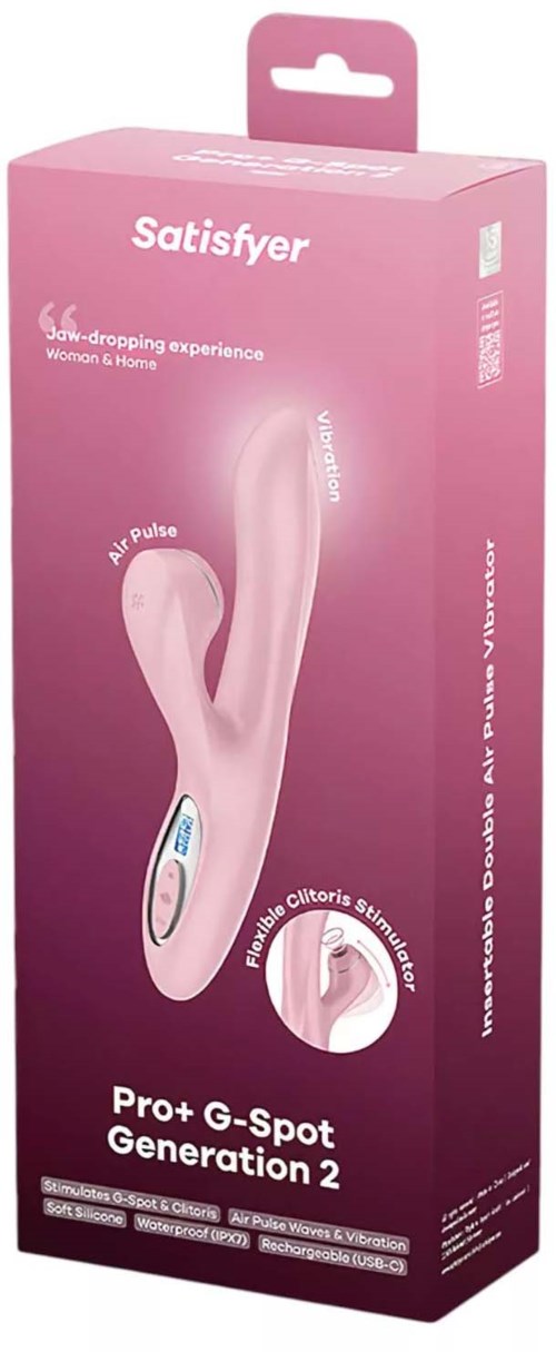 Rosa förpackning med en vibrator märkt Satisfyer Pro G-Spot Generation 2, inklusive en liten illustration av enheten.