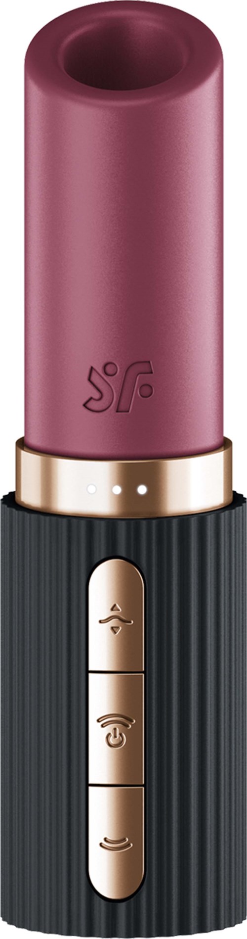 A lipstick-shaped device with control buttons and a gold ring near the top, in pink and black colors.