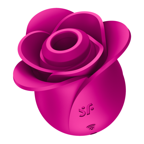 A purple, rose-shaped device with a wireless symbol and initials on the side.