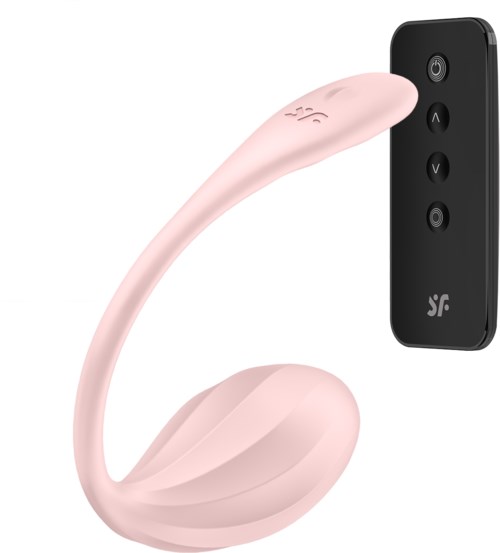 Ein rosa tragbares Gerät mit gebogener Form und einer Fernbedienung mit Tasten.