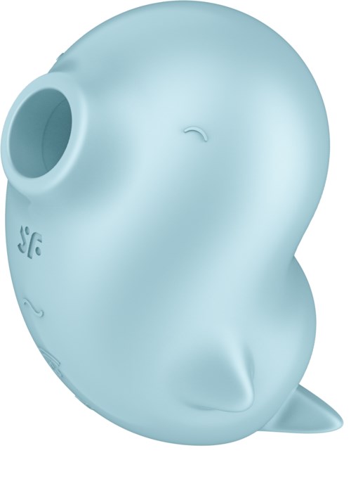 A blue cute whale-shaped object with a large opening at the top and some small details on its surface.