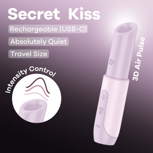 Ein weißes, tragbares Gerät mit der Bezeichnung 'Secret Kiss', drei Tasten und einem geschwungenen Design, deutet auf einen persönlichen Masseur hin.