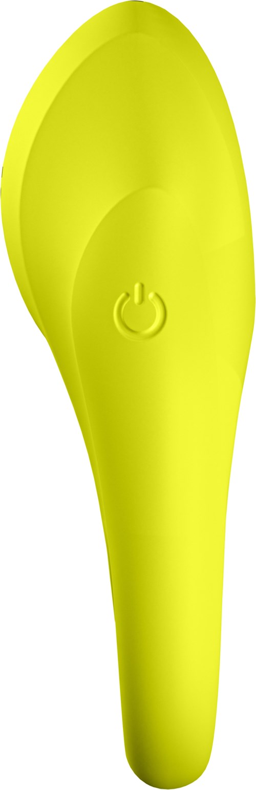 Ein leuchtend gelbes Gerät mit einem Power-Knopf in der Mitte. Es hat eine geschwungene, schlanke Form.