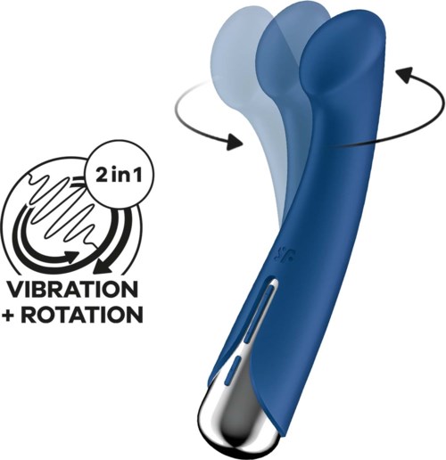 En blå personlig massasjer med vibrasjon og rotasjon, vist i bevegelse med en diagram som fremhever funksjonene.