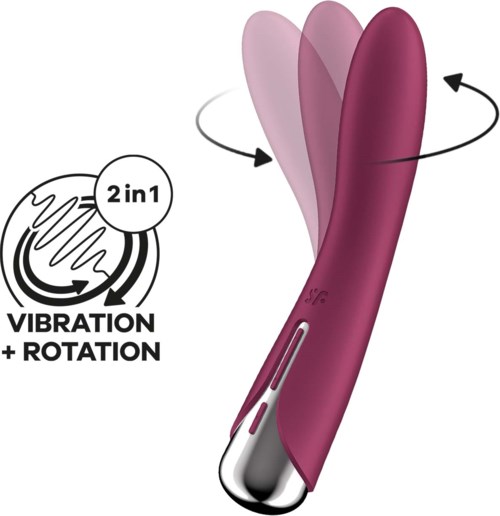 En rosa vibrator med en kurvad form, visar vibration och rotation funktioner, och betonar dubbelfunktion.