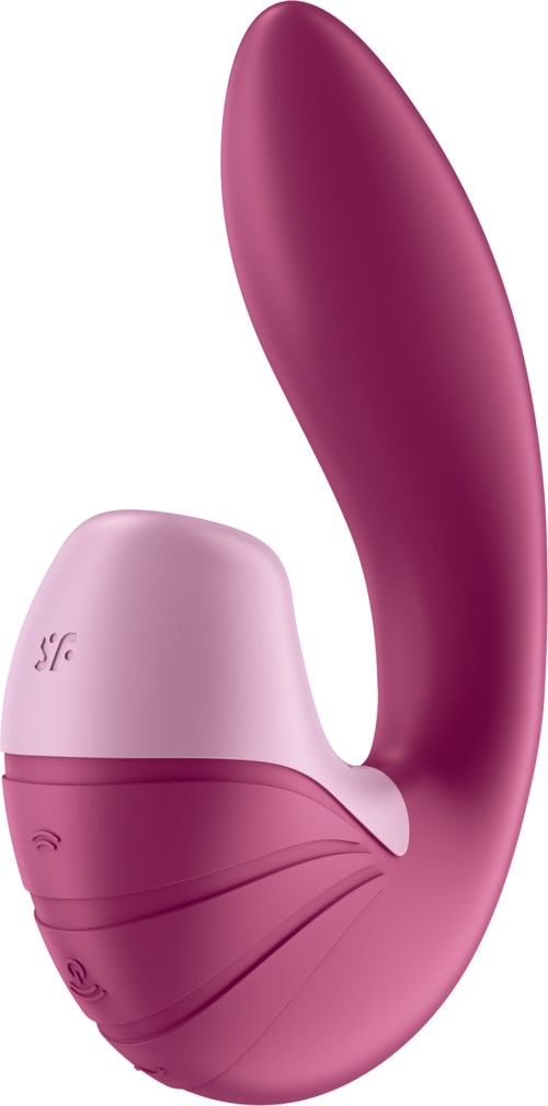 En rosa och lila kurvad enhet, troligen en massage- eller välmåendprodukt, med knappar och trådlöst tecken.