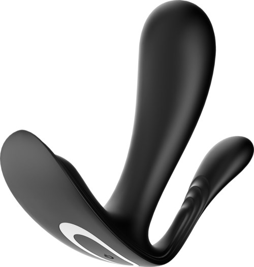 Ein schwarzer Personal-Masseur mit großem, gebogenem Kopf und kleinerem Aufsatz. Es sieht glatt und ergonomisch aus.