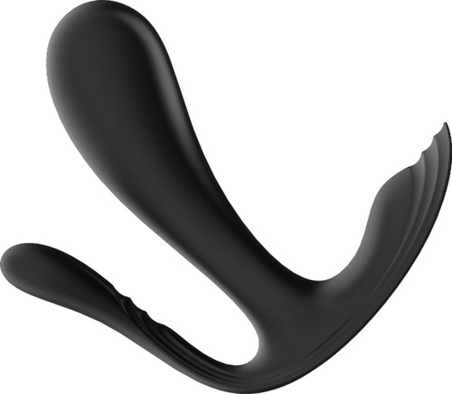 Ein schwarzes, gebogenes Objekt mit glattem und geripptem Teil, wahrscheinlich ein Pflegeprodukt.