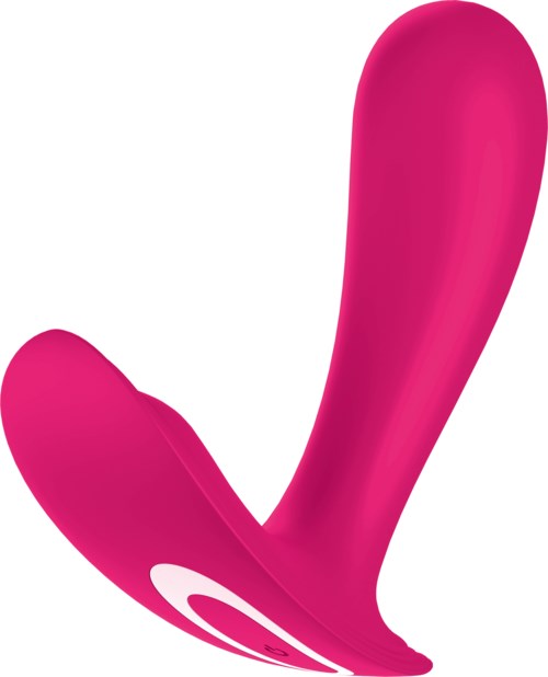 A pink silicone sex toy with a curved design and a smaller extension for stimulation.