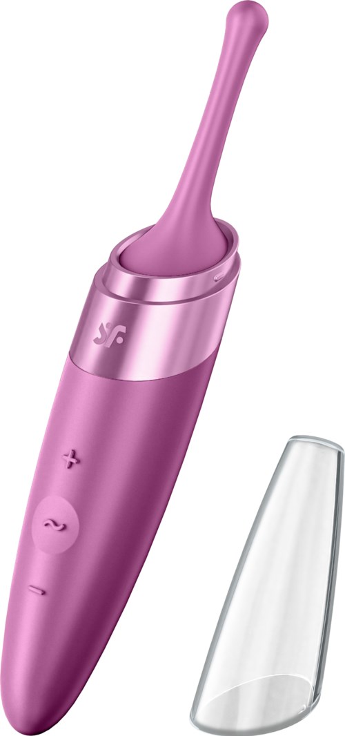 Pink device with a long, narrow tip, buttons, and a clear cover beside it.
