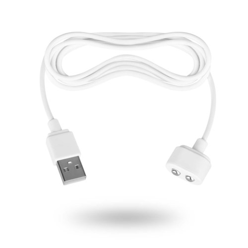 Ein weißes USB-Ladekabel mit langer, flexibler Leitung und zwei kleinen Steckern an jedem Ende.