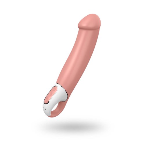 Ein rosa, gebogener Gegenstand mit einer weißen Basis, der einem Massagegerät oder Vibrator ähnelt.