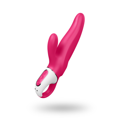 Rosa vibrator formad som en kanin med kontrollhandtag i vitt och rosa.