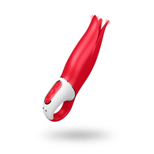 Ein rot-weißes Handgerät in Blumenform mit Tasten am Griff.