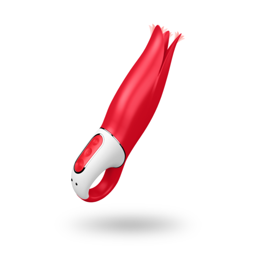 Ein rotes und weißes elektrisches Lockenzange für Haare mit Griff und Trommel.