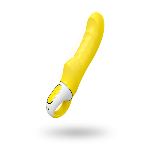 Ein gelbes Pflegegerät mit weißen Griff und gerundeter Spitze.
