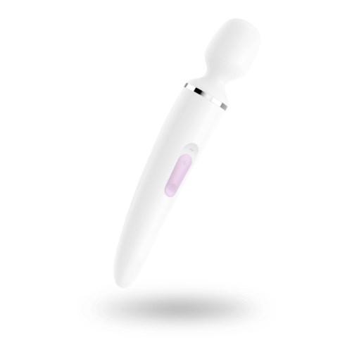 A white handheld facial device with a rounded top, a purple button, and a sleek design.