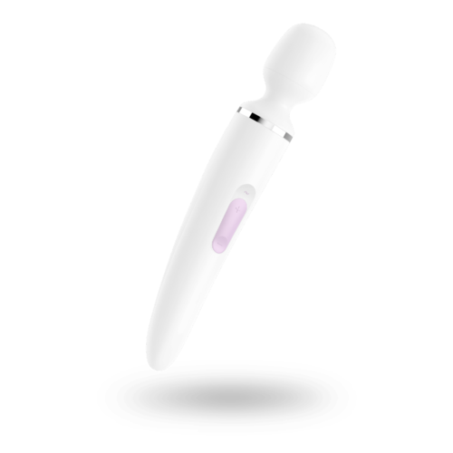 A white facial cleaning device with a rounded head and a purple button.