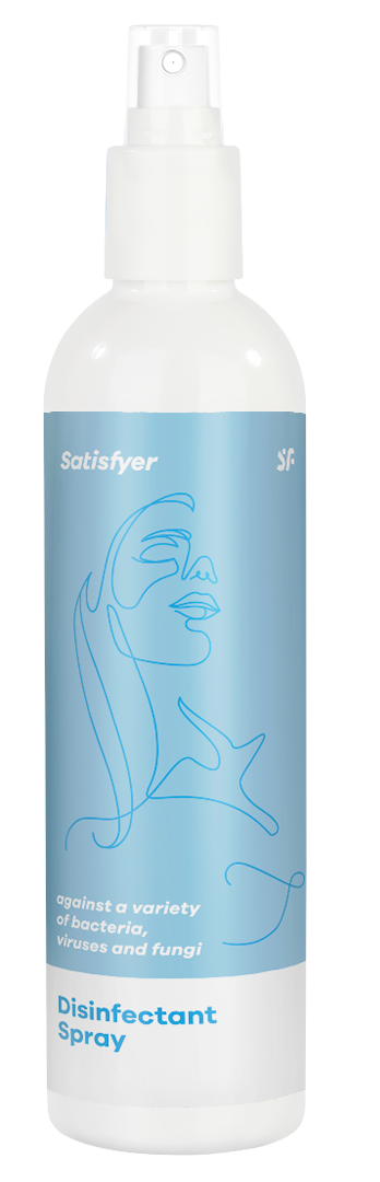 Eine weiße Sprühflasche mit blauer Beschriftung und einer Liniezeichnung eines Gesichts und einer Hand.