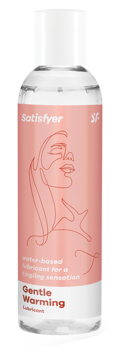 Läpinäkyvä pullo, jossa on vaaleanpunainen etiketti ja viivapiirros hymyilevästä kasvosta. Tunnuslauseet "Satisfyer" ja "Gentle Warming".