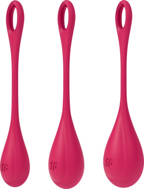 Drie roze siliconen lepels met lange handvatten en ovale openingen bovenaan.