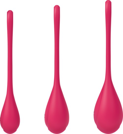 Drie roze hygiëneproducten van verschillende formaten, gerangschikt in een rij. Ze zijn druppelvormig met lange stokken.