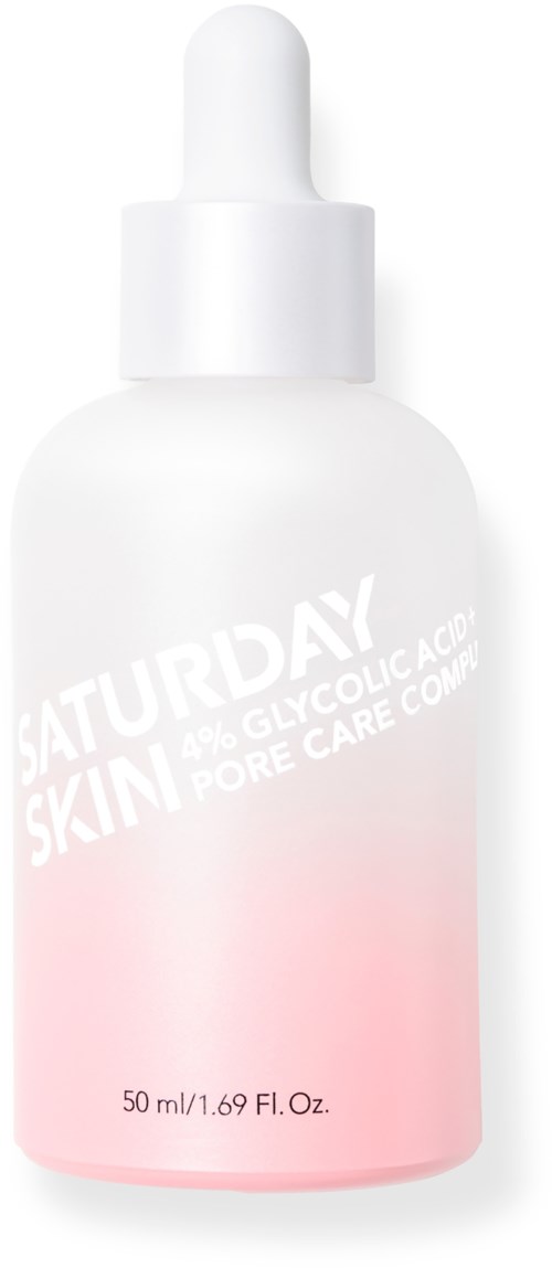 Een witte druppelfles met roze onderkant, gemerkt 'Saturday Skin' voor gezichtsverzorging, 50 ml.