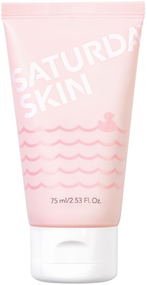 Roze tube met label Saturday Skin, met golven en kleine eendenillustratie, bevat 75 ml of 2,53 fl oz product.