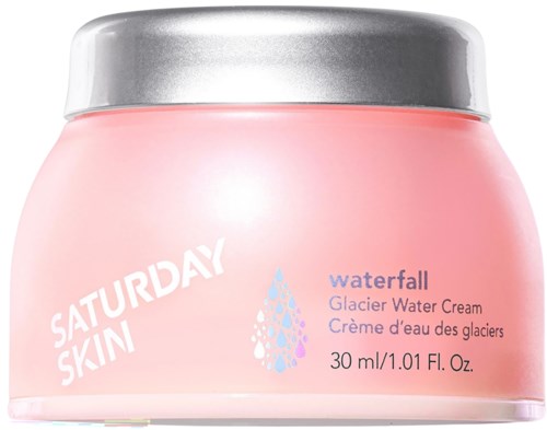 Roze potje van Saturday Skin Waterfall Glacier Water Cream met een zilveren deksel.