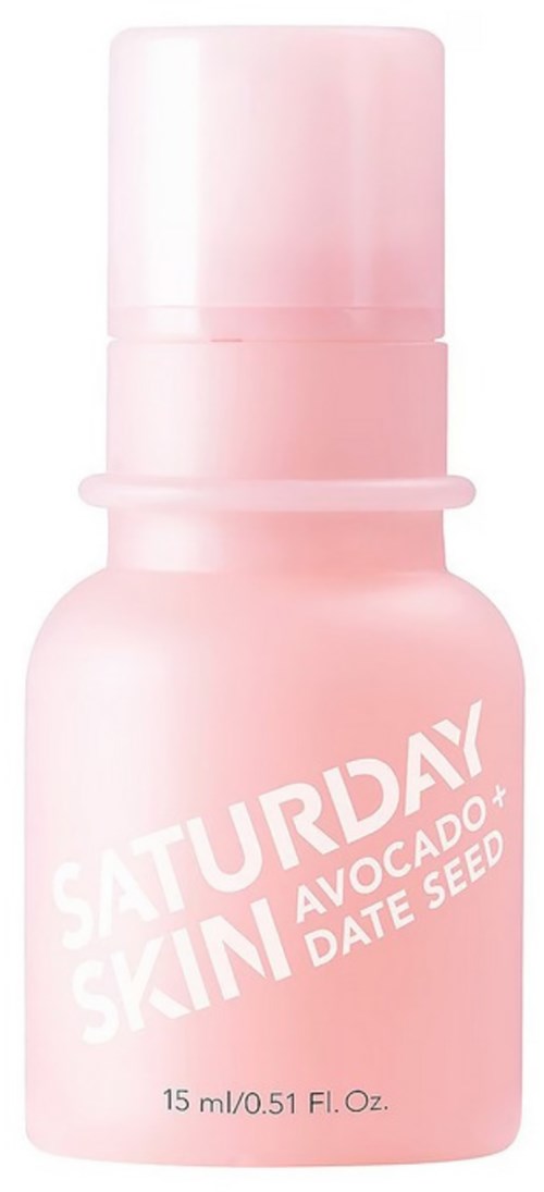 Roze fles met label 'verzadigde huid' met avocado en dadelzaad, maat 15 ml of 0,51 fl oz.