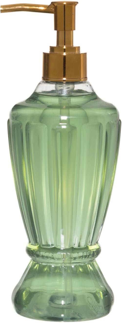 A green soap dispenser with a gold pump sits on a white background.