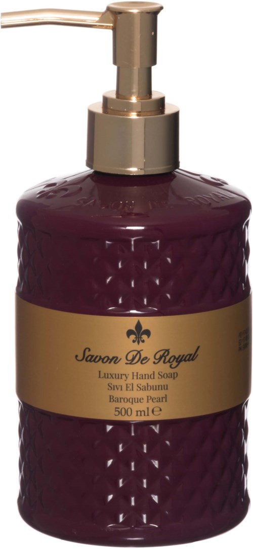 A dark purple hand soap bottle with a gold label and pump, labeled 'Savor De Royal' with a pearl scent.