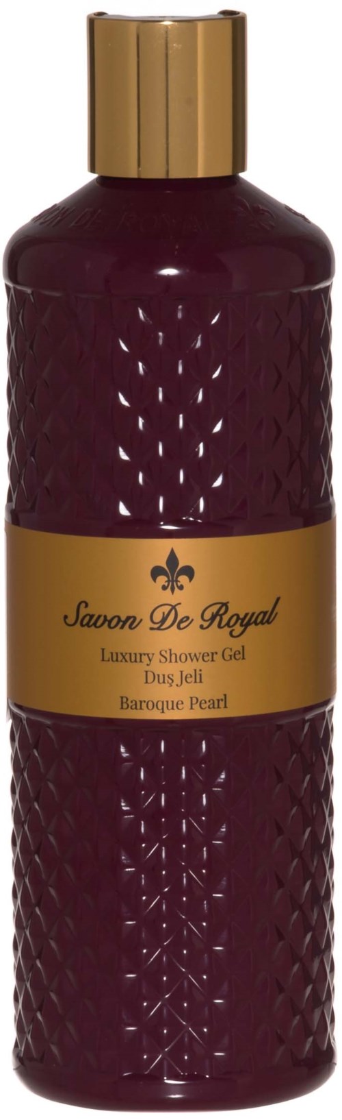 A purple shower gel bottle with a gold cap and a gold label, labeled 'Sapon De Royal' and 'Luxury Shower Gel'.