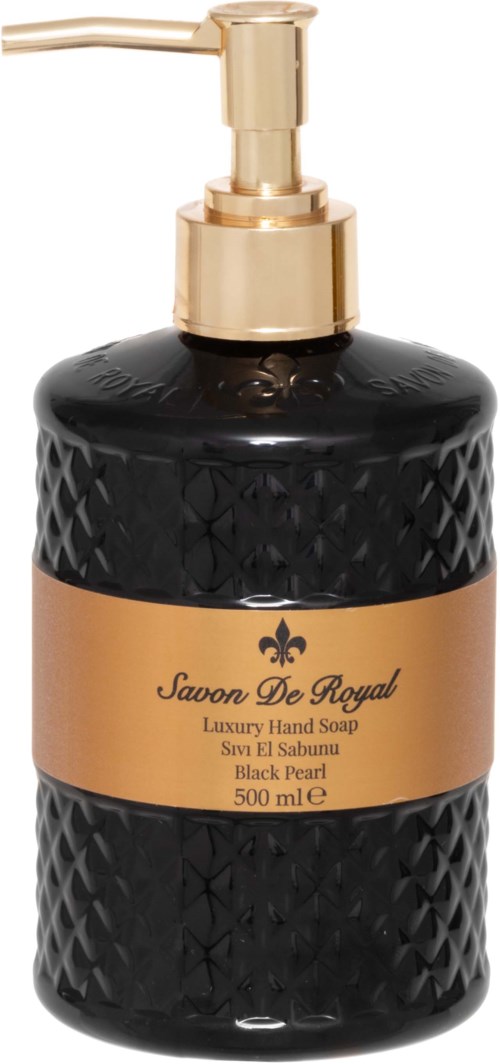 A black, textured soap dispenser with a gold pump and label that reads "Savon De Royal Black Pearl."