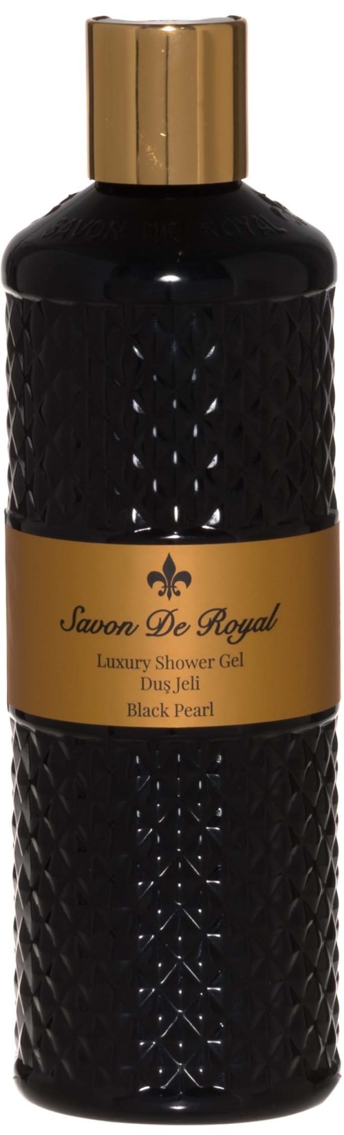 A black textured bottle with a gold cap and label, containing luxury shower gel named 'Savn De Royal' in black pearl scent.