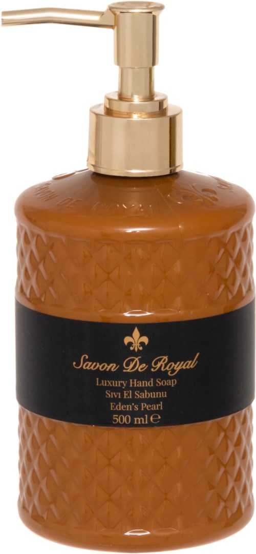A brown soap dispenser with a gold pump, labeled "Savon De Royal Luxury Hand Soap" and a black band.
